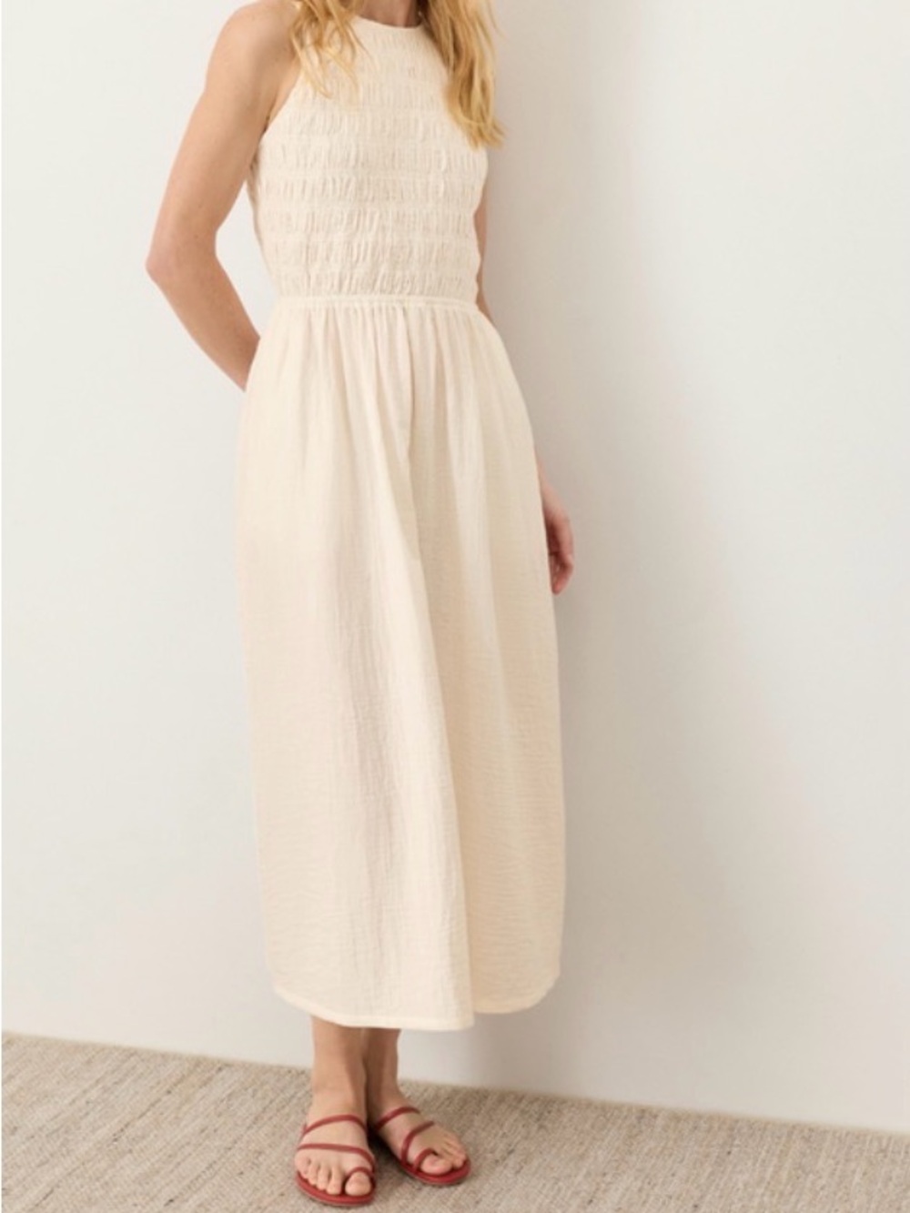 NWOT- PACT ORGANIC COASTAL DOUBLE GAUZE SMOCKED MIDI DRESS- MEDIUM- CREAM - Picture 1 of 16